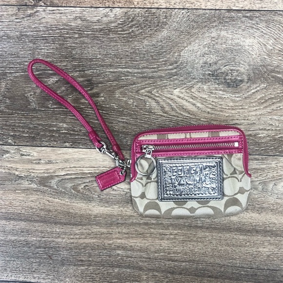 Coach Coin Wallet Wristlet Khaki Hot Pink Leather Trim Silver Logo Plate - Picture 3 of 10